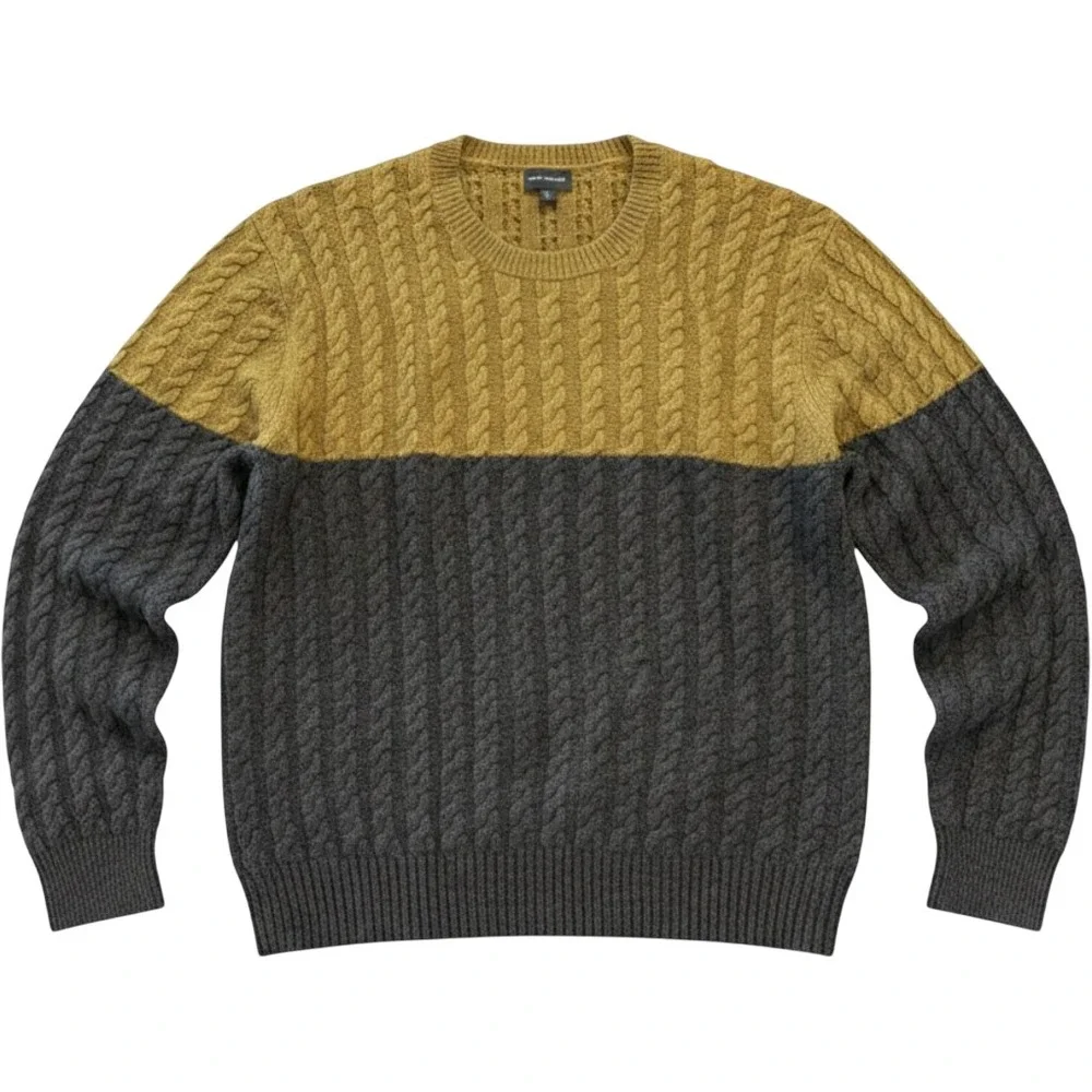 Club Monaco Mens Modern Cable Crew Sweater XXL Olive Charcoal Lambswool NWT